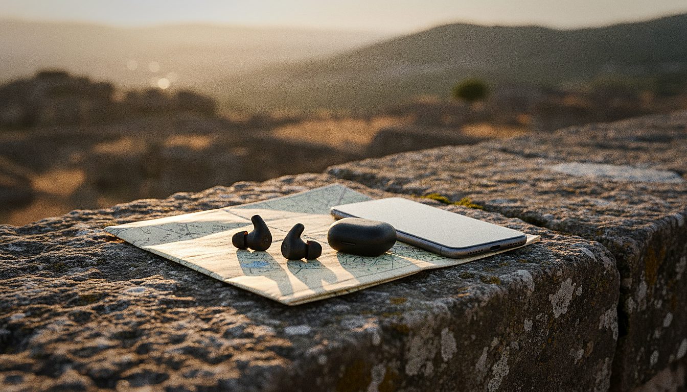 イヤホンとスマホ、紙の地図のイメージ
